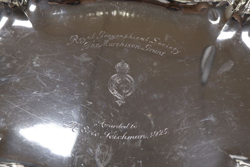 A George V parcel gilt silver shaped oval presentation bowl, Harman & Co, London, 1924, 40.3cm, 27oz.